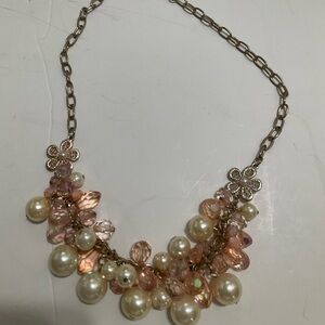 Pink Crystal & Pearl Cluster Necklace with Floral Accents